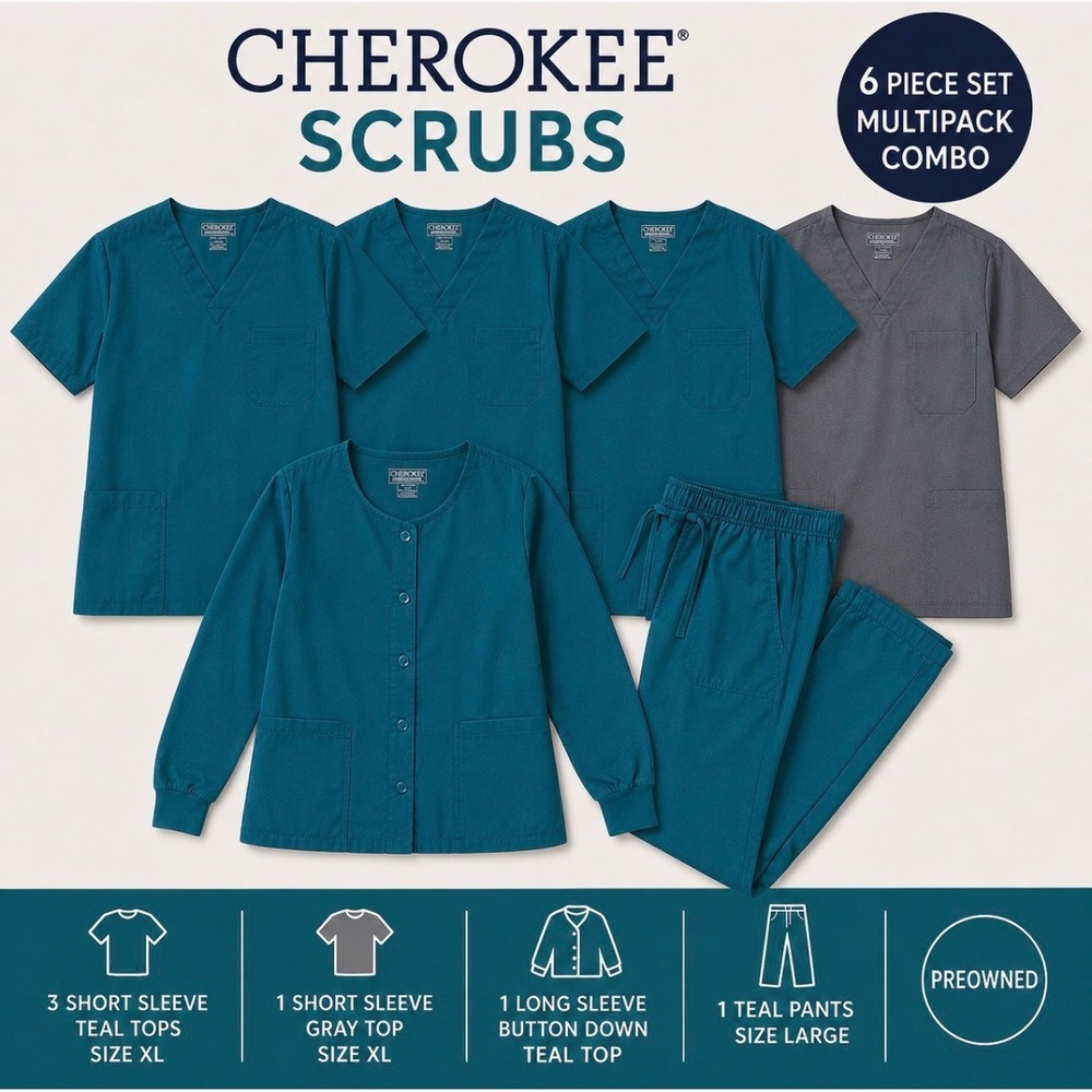 Cherokee Workwear Revolution Scrubs 6 Piece Set Teal Gray XL Tops Large Pants
